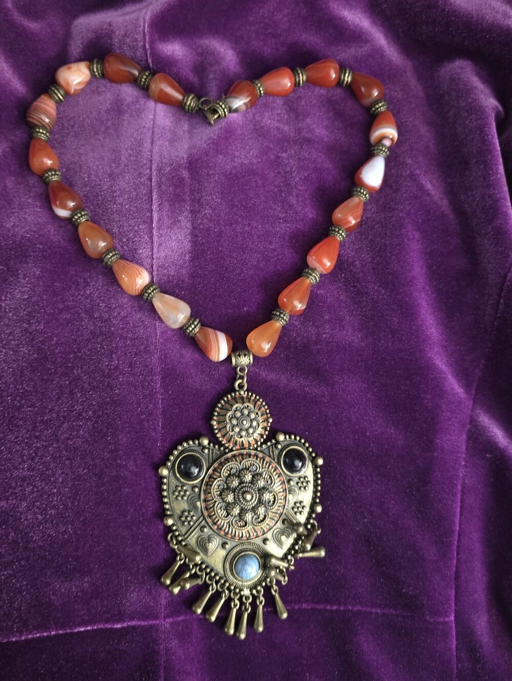Hand Made Bohemian Brass Pendant Necklace with Red Agate Beads